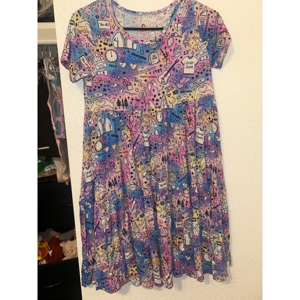 Bamboo Bliss Girls Eras Tour Doodle Tiered Dress Multicolor Swiftie Fan 12/14Y